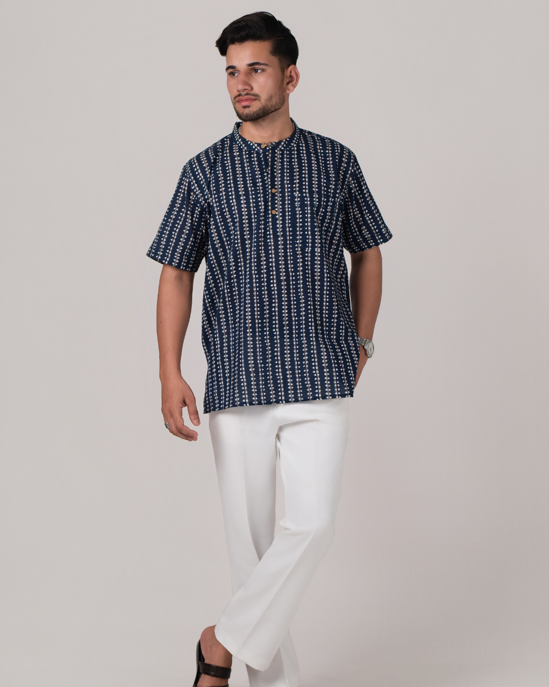 Deep Blue Stripes Batik Print Bushirt for Men